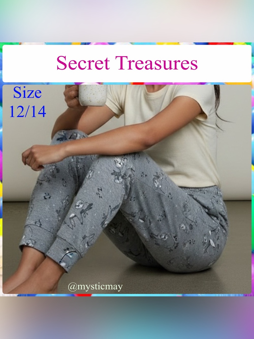 Gray Super Soft Jersey SLEEPY SLOTH Pajama Lounge Pants Nap Joggers Size 12 / 14